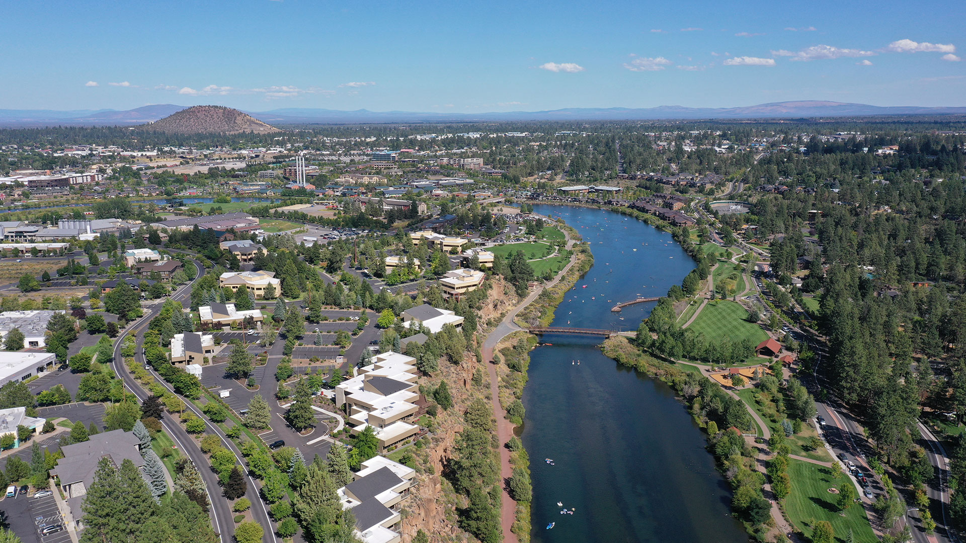 Aerial view of Bend, Oregon and the Deschutes River