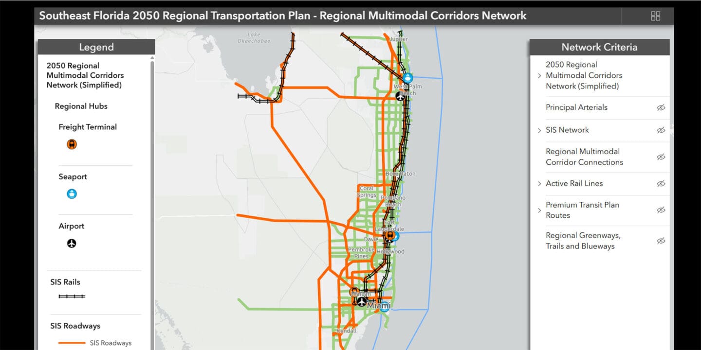 Screenshot of an interactive map within the Southeast Florida 2050 Regional Transportation Plan website