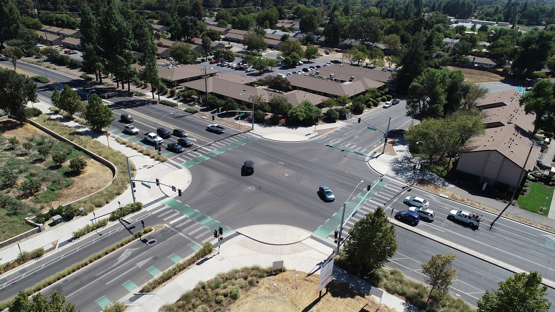 Aerial shot of a protected intersection in Davis, CA