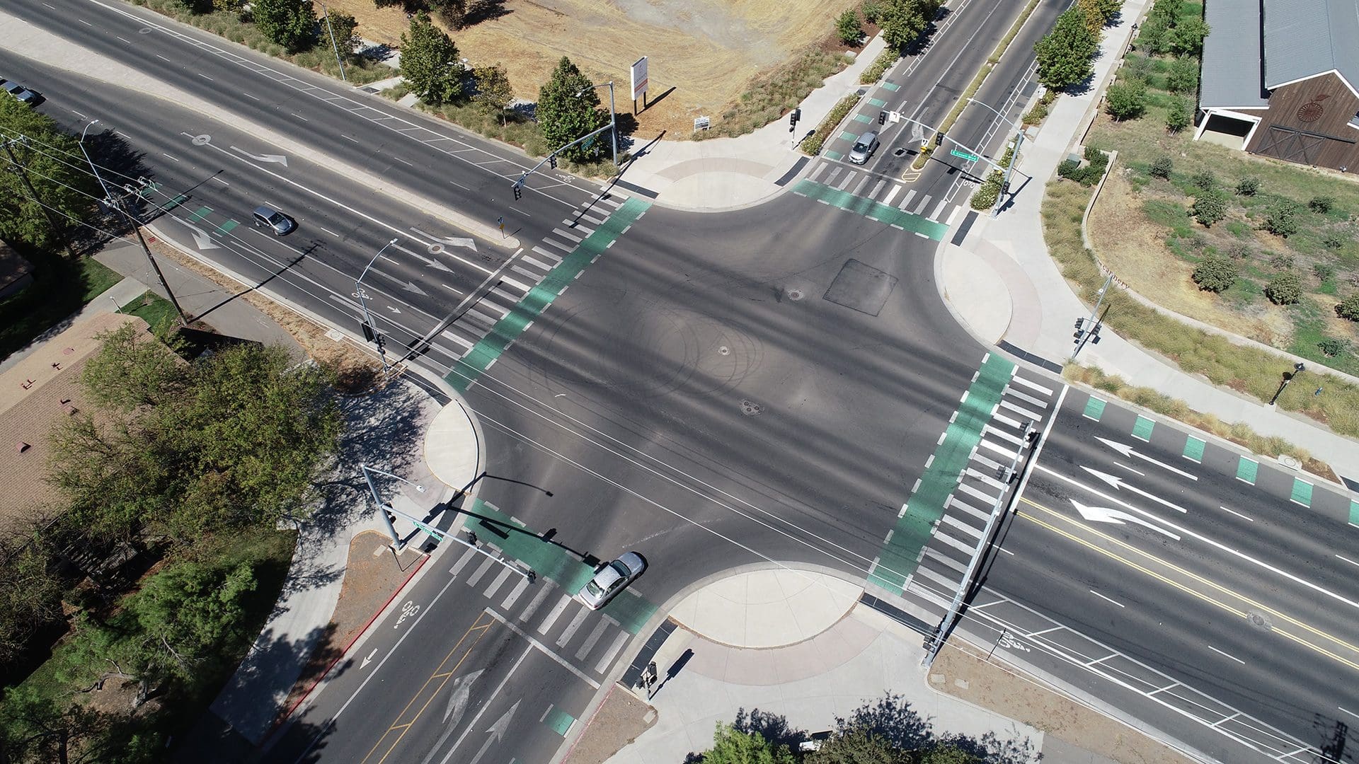 Aerial shot of a protected intersection in Davis, CA