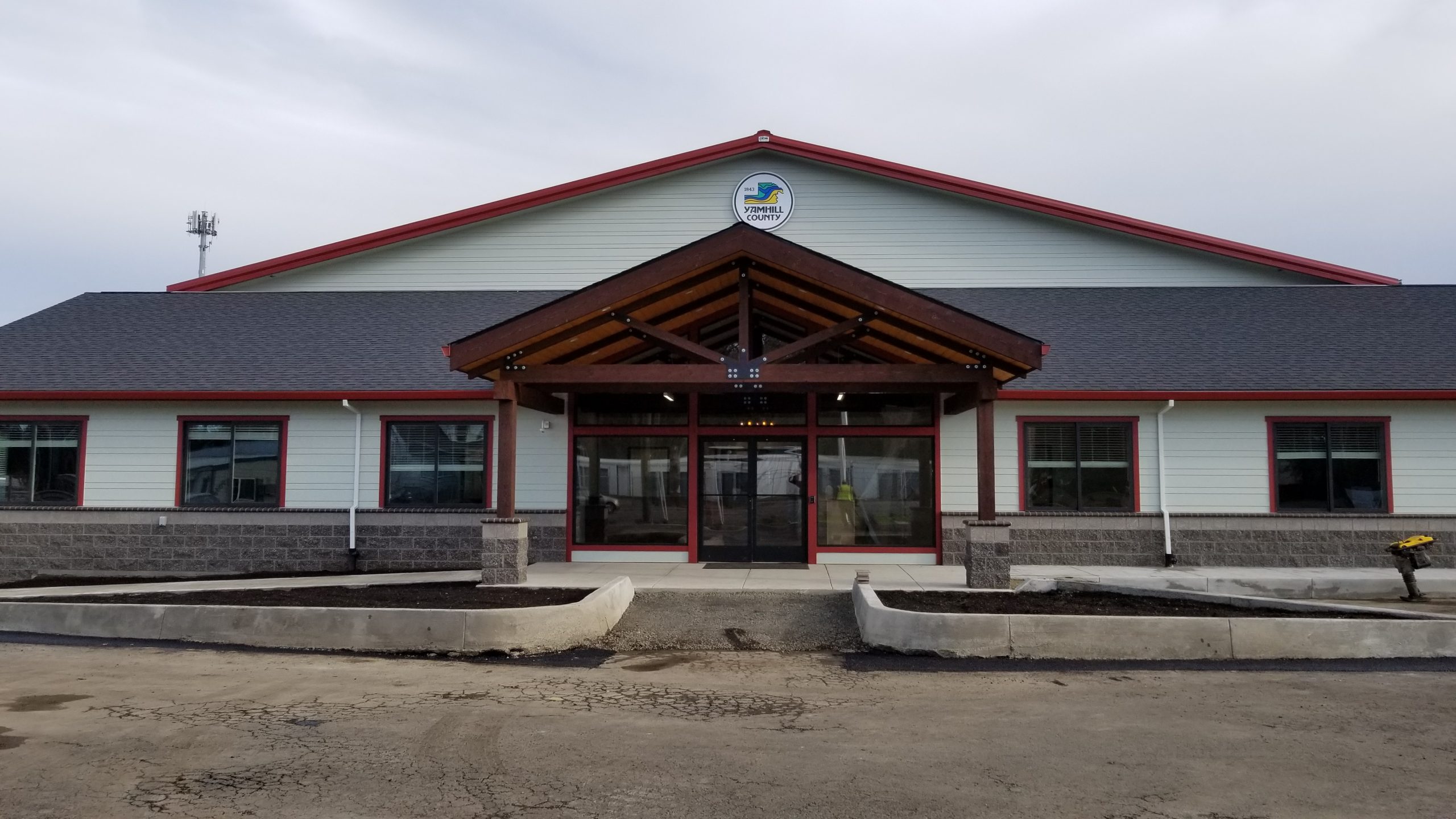 Image shows the new Yamhill County Public Works building, front entrance.