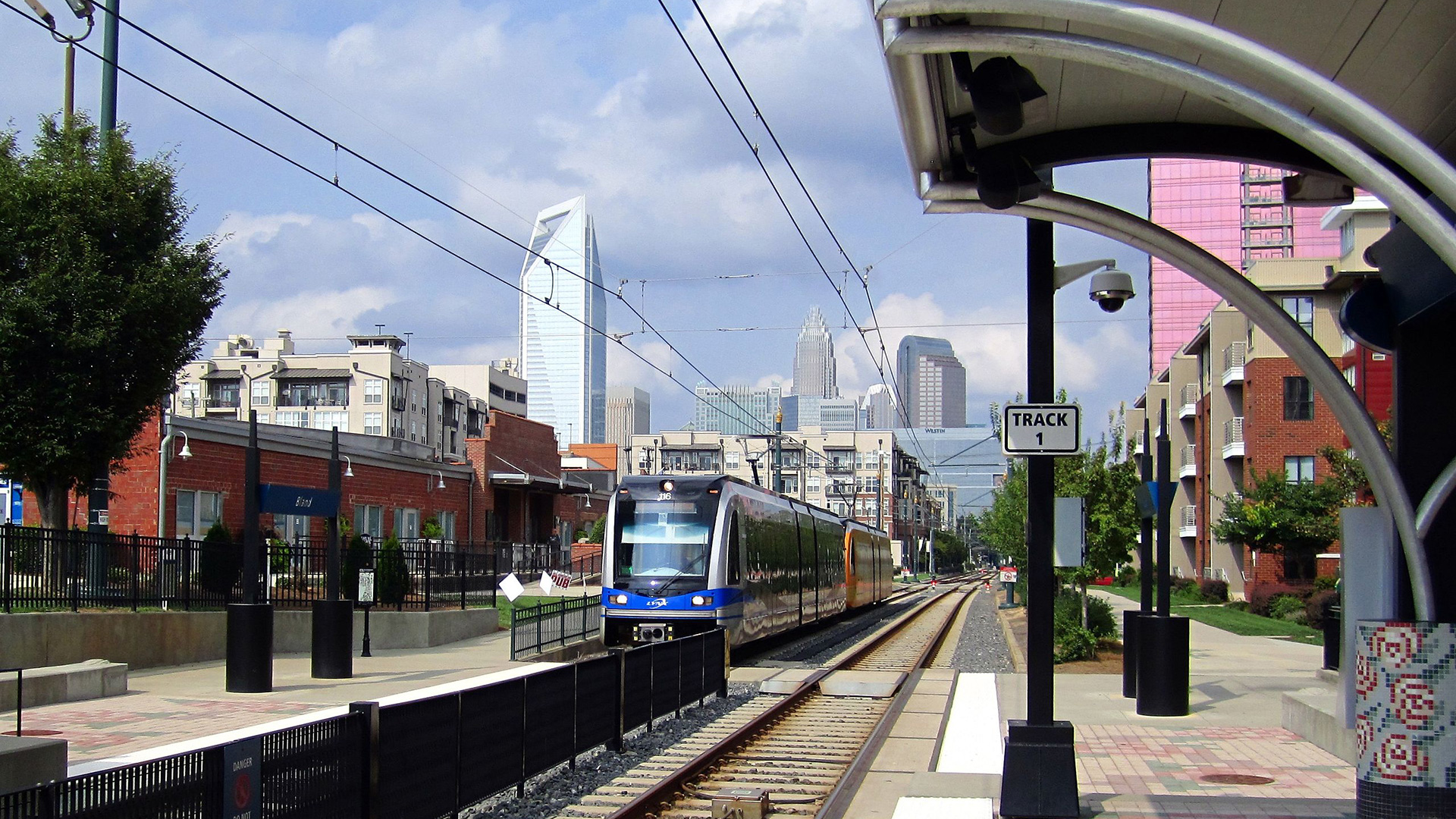 Light rail pulls into the station at Bland Street, Charlotte, North Carolina.