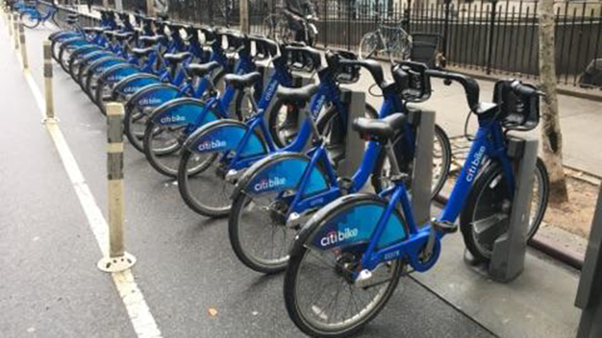 Row of Citibike bikes in New York City