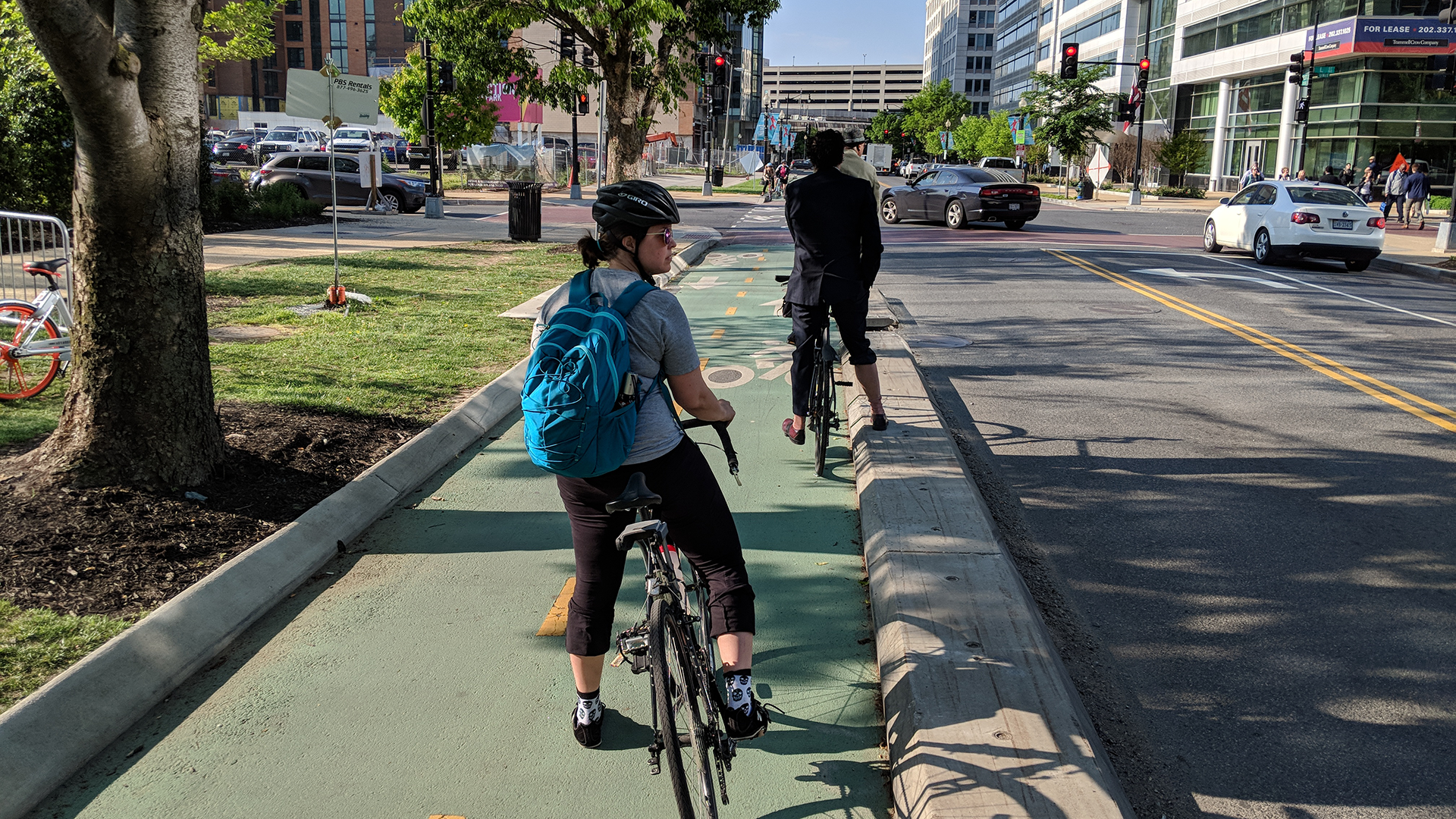 Bicyclists on protected bike lane