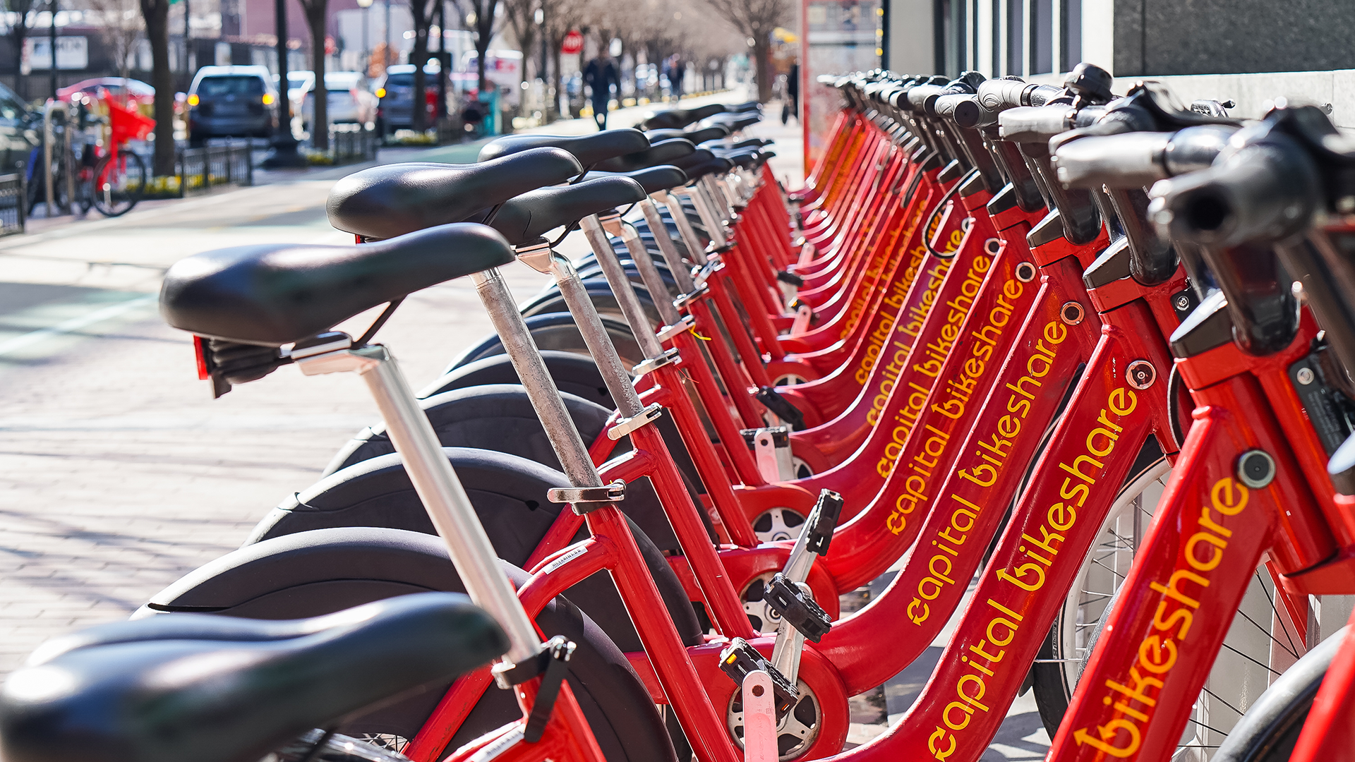 Row of Capital Bikeshare bikes in Washington, DC