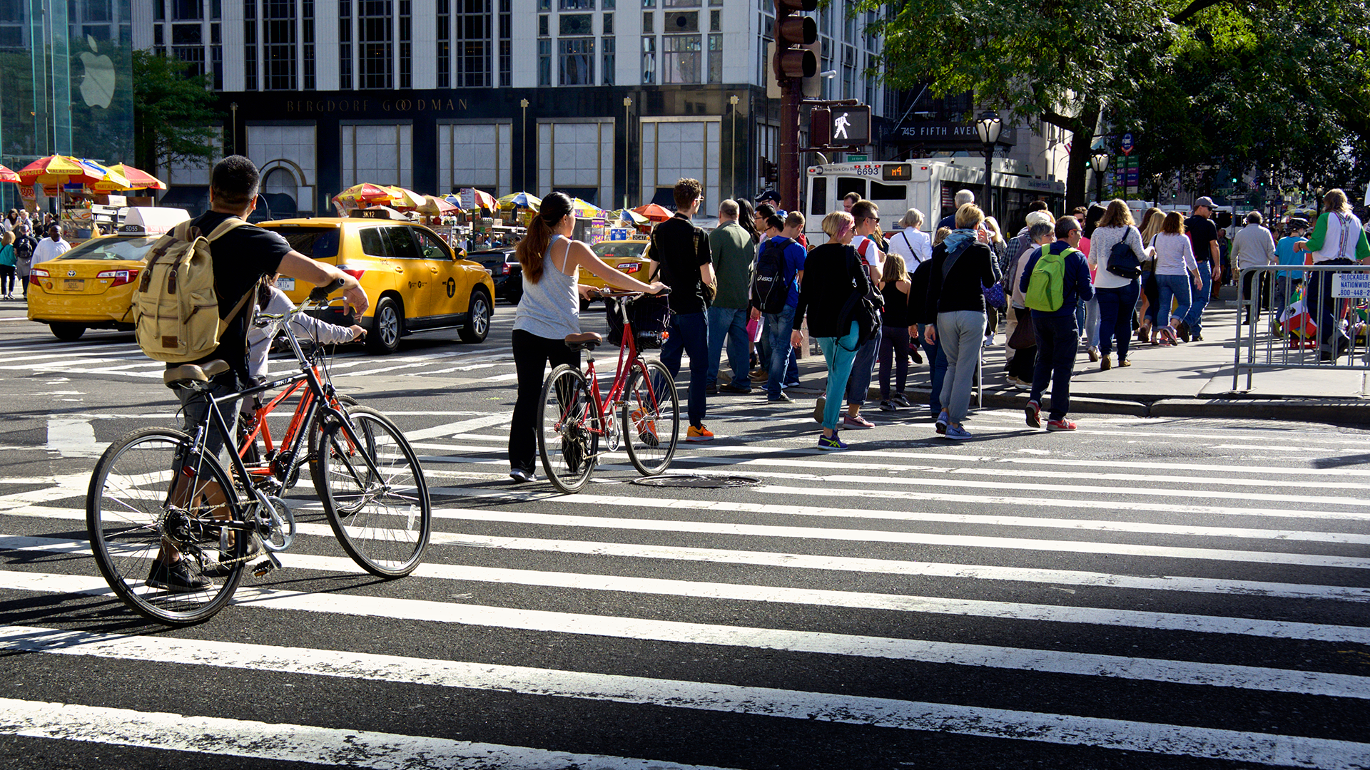Pedestrians and bicyclists using a crosswalk in the city.