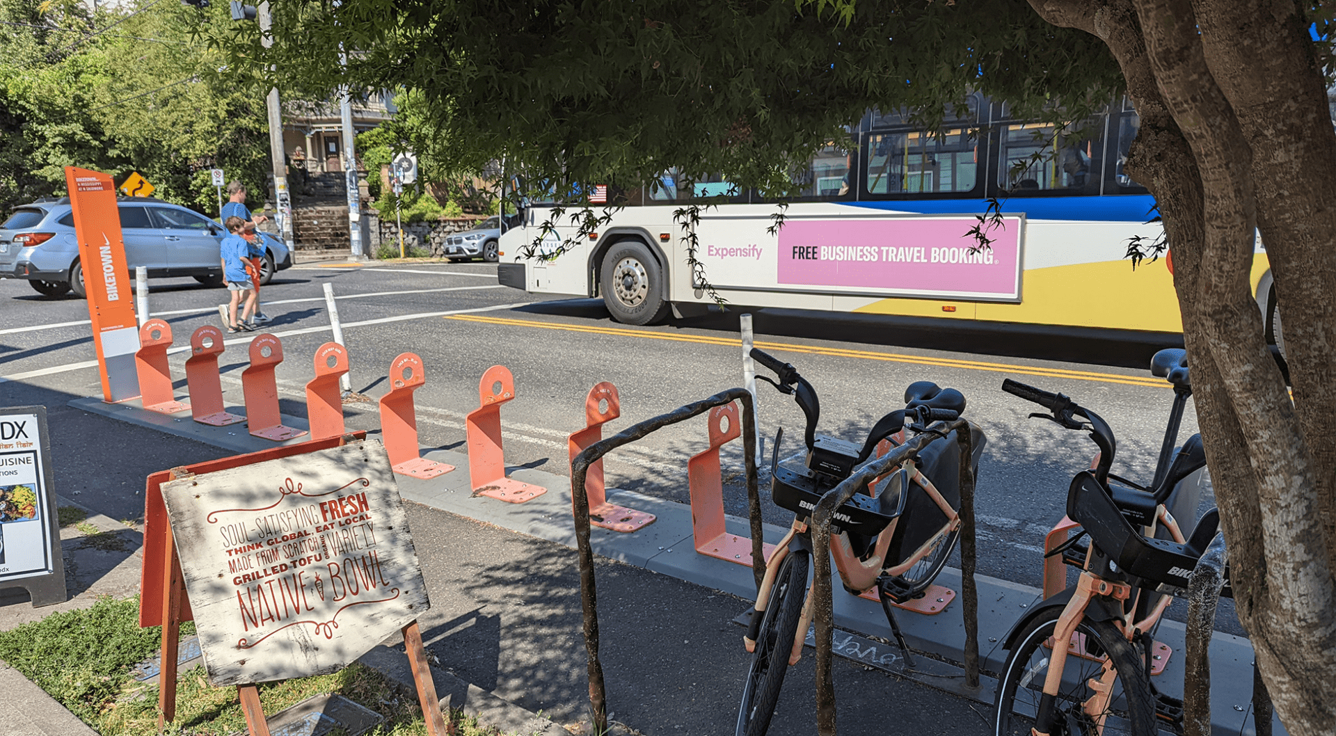 One of Biketown's bikeshare docks, with two e-bikes available for rides