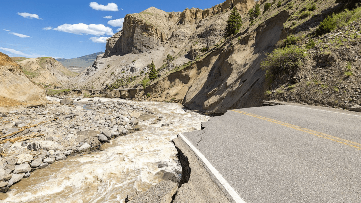 Washed out road in Yellowstone Park