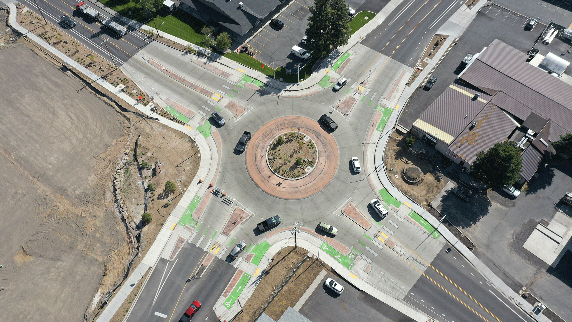 Bike-protected roundabout in Bend, Oregon.