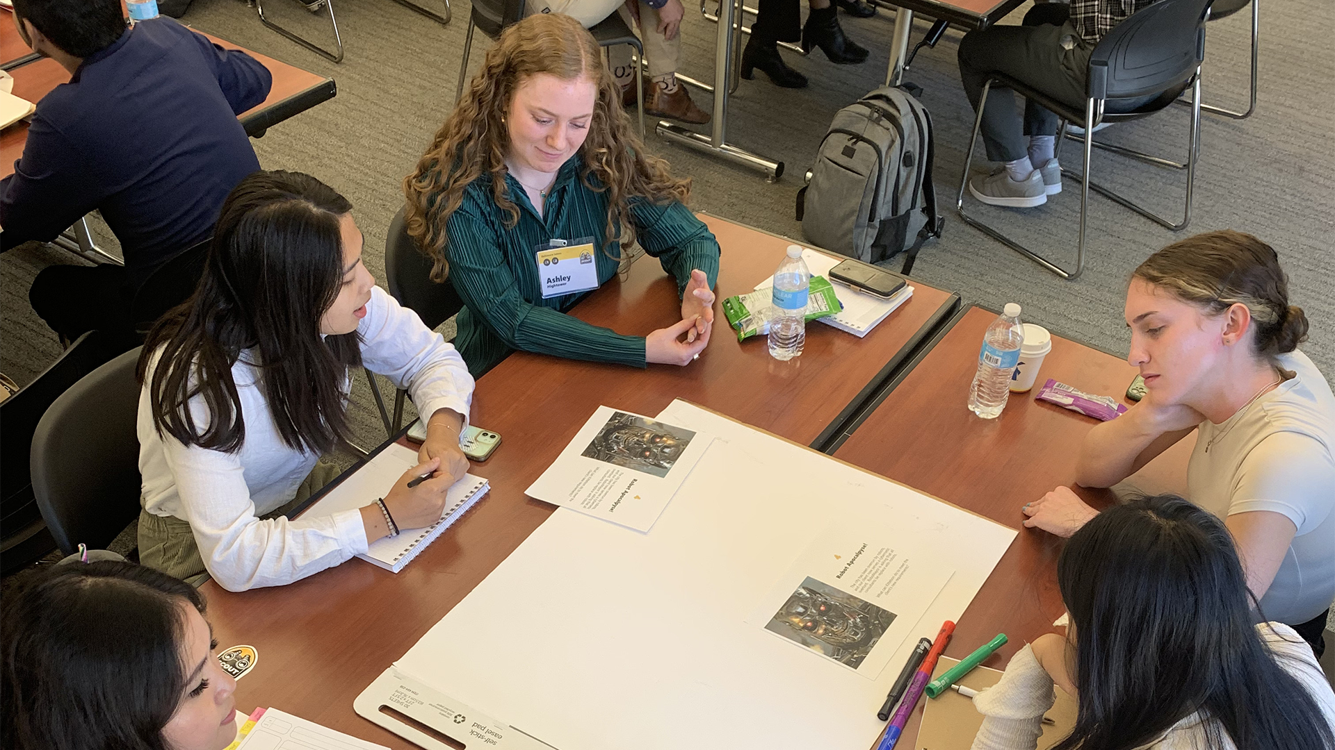 Aerial view of group of people working on a project at a table.