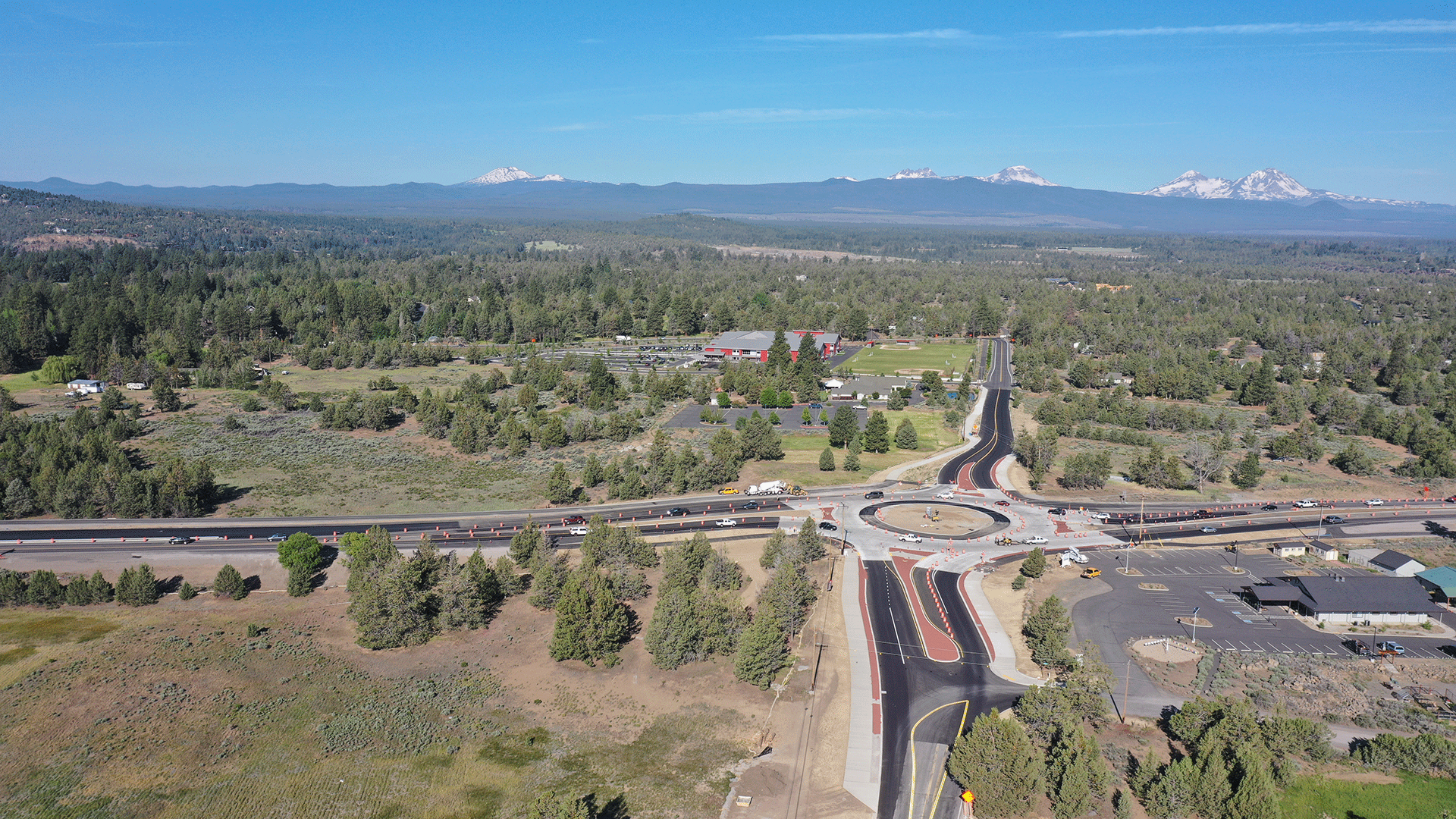 Drone photo of U.S. 20/Cooley Road roundabout construction