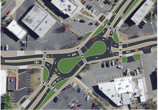 Concept image rendering of a dogbone roundabout, sky view.