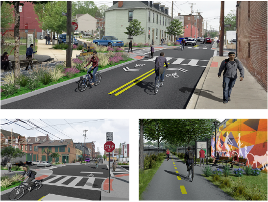 Design renderings of bike/ped facilities on the street.