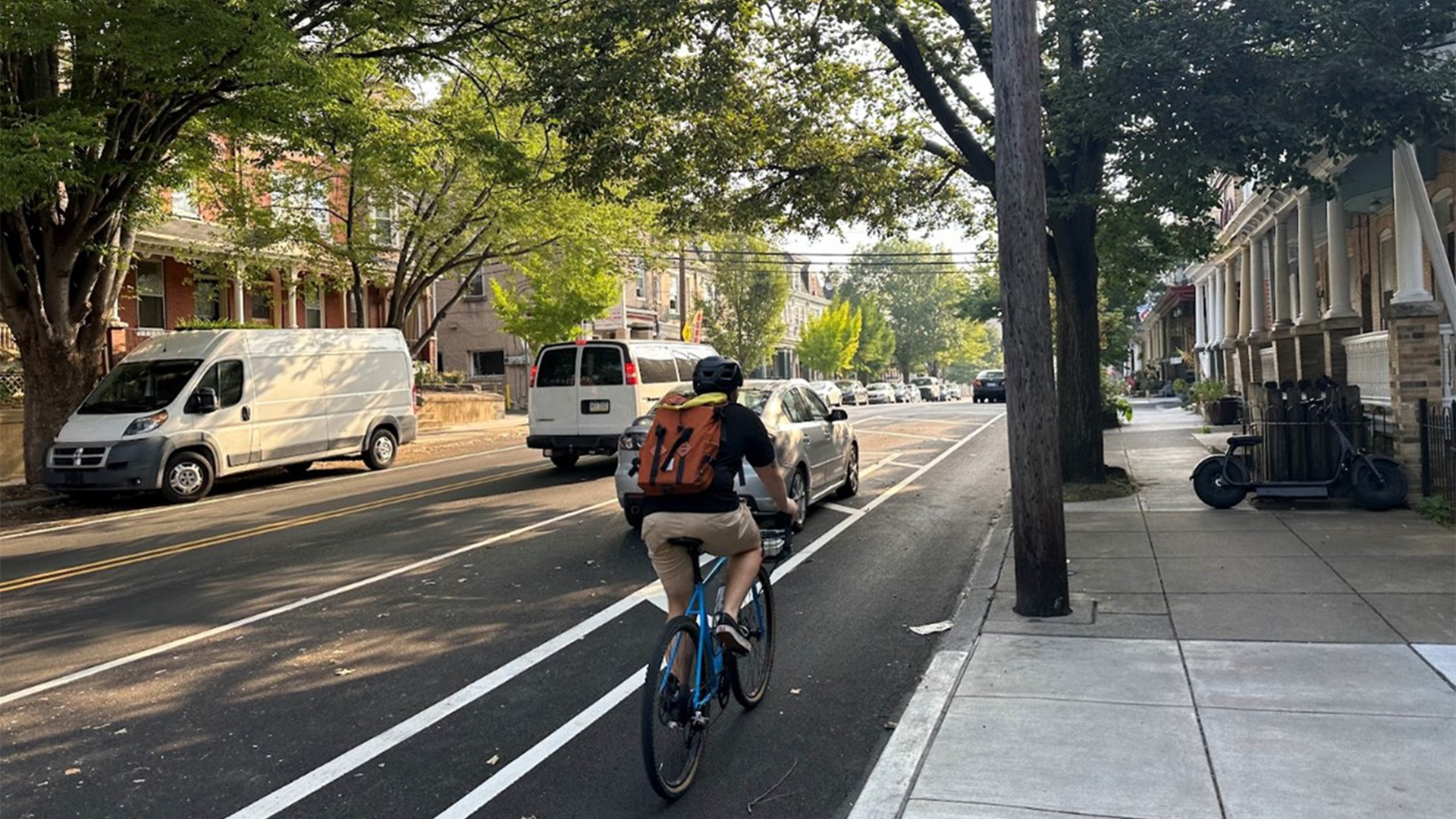 Person riding a bike in bike lane with trees and cars in the background