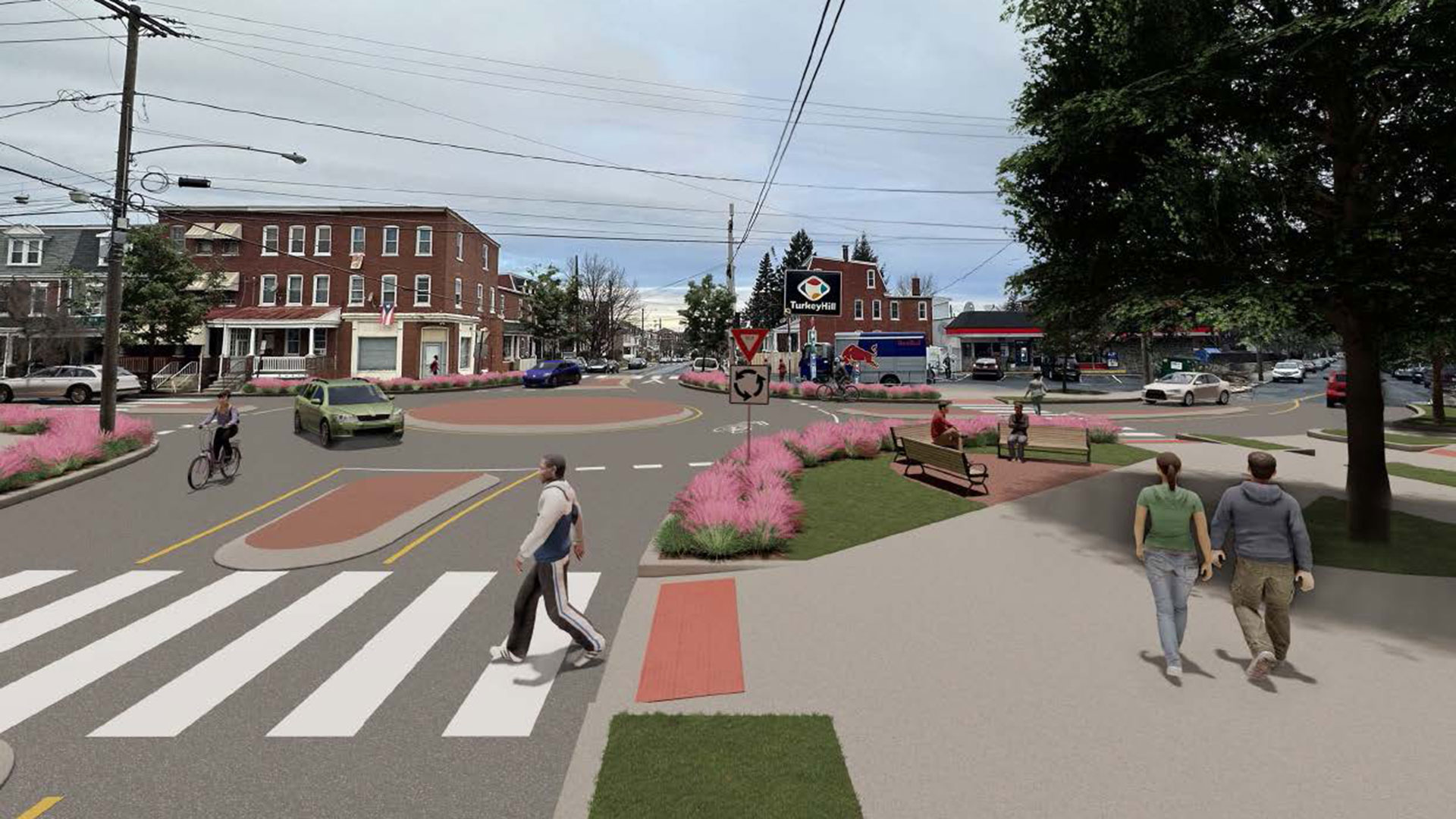 Rendering of a roundabout with people driving, biking, and walking