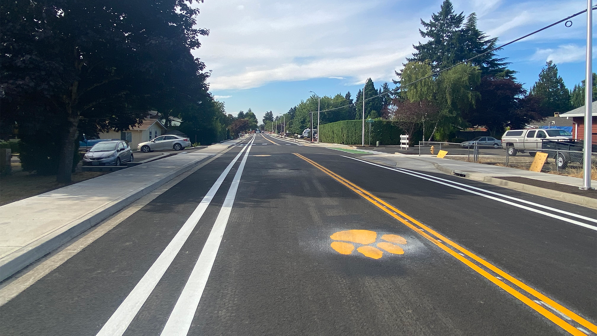 Road going into the distance with newly painted white and yellow double lines, as well as a painted paw print.