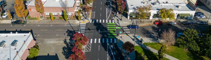 Aerial view of street in downtown Medford, Oregon with new bike lane