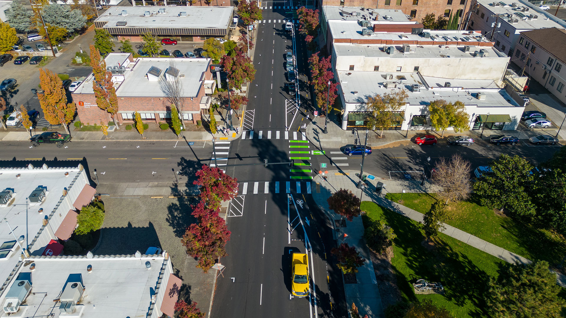 Aerial view of street in downtown Medford, Oregon with new bike lane