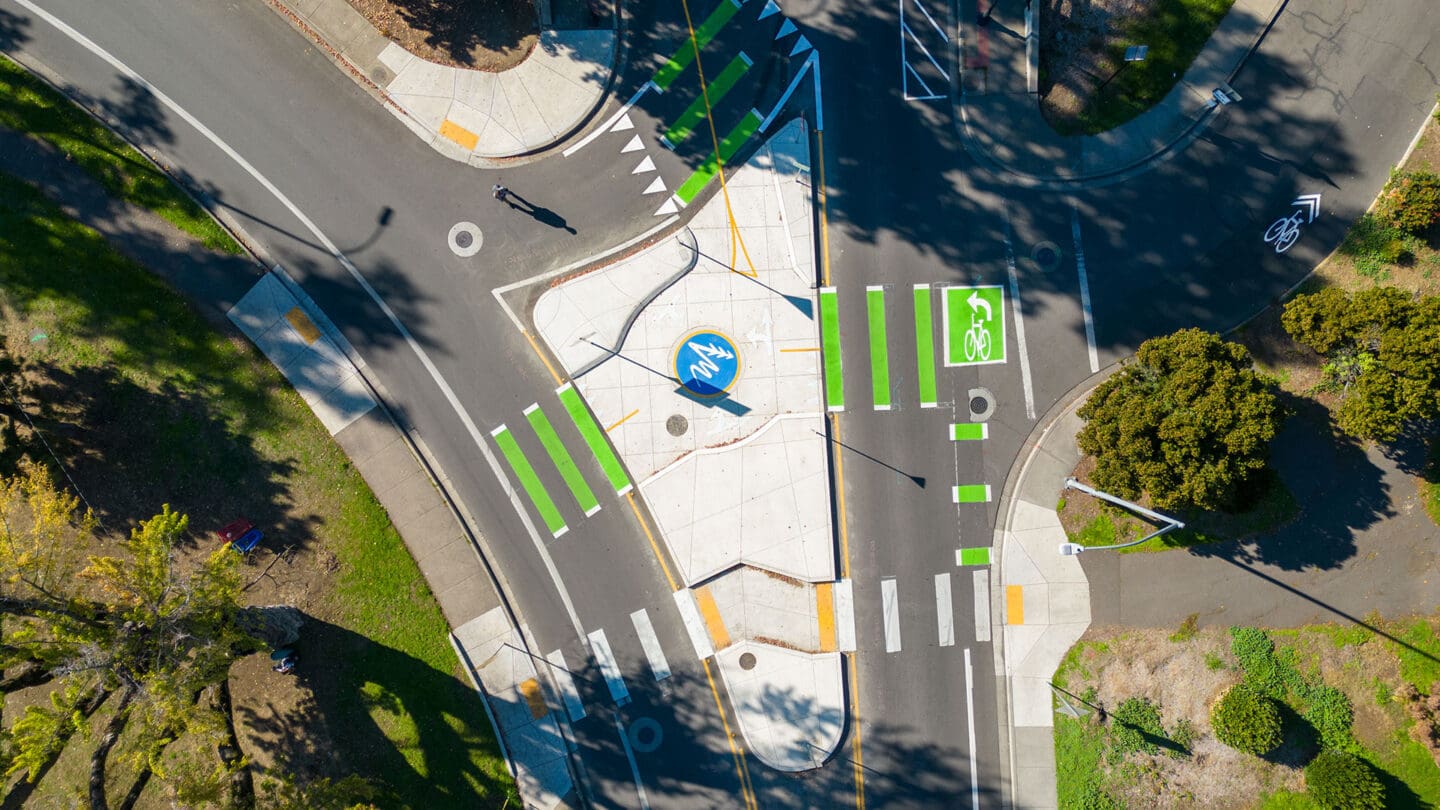 Close-up shot of roadway in Medford, Oregon with new bike lane and bike roundabout