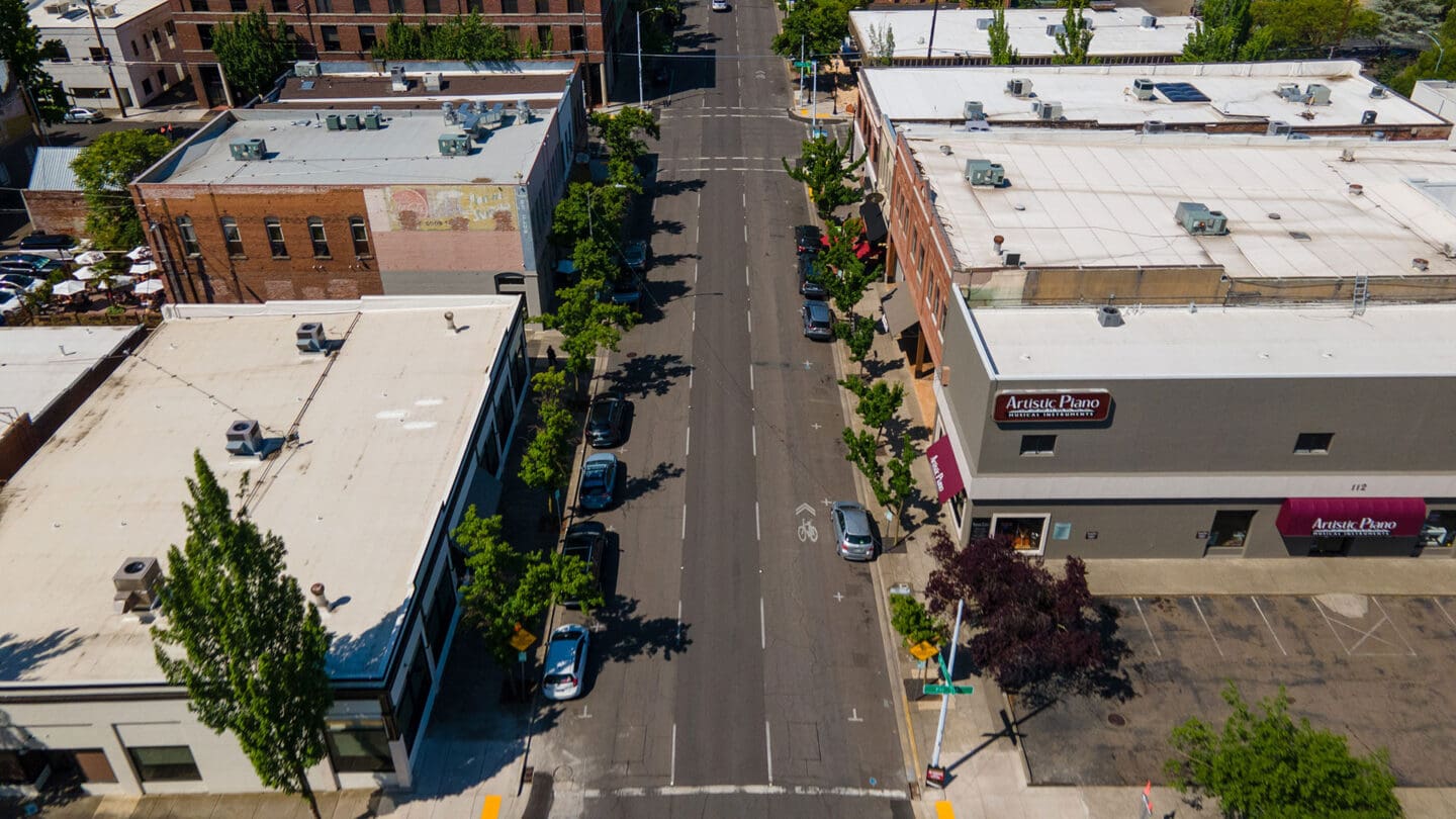 Aerial view of street in downtown Medford, Oregon before the construction of the bike lane