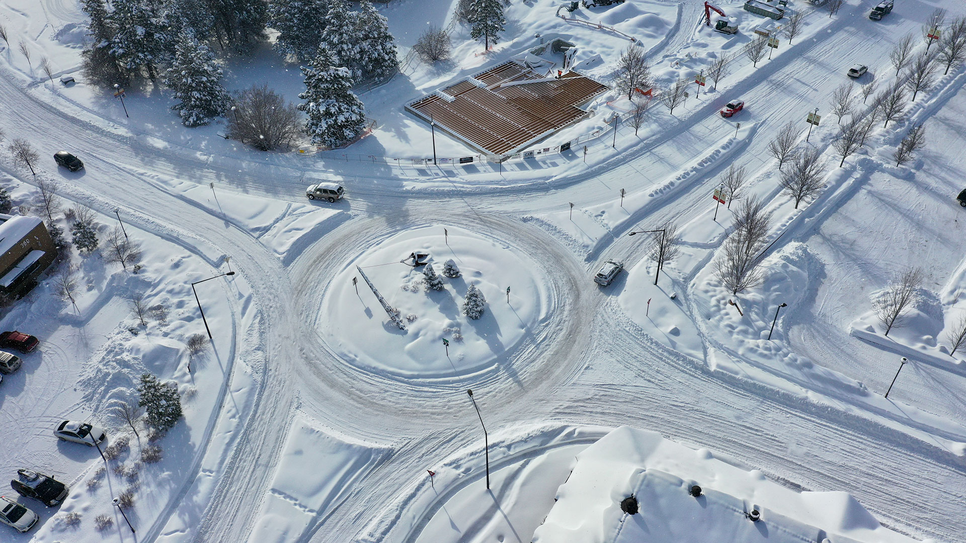 Drone photo of roundabout in the snow