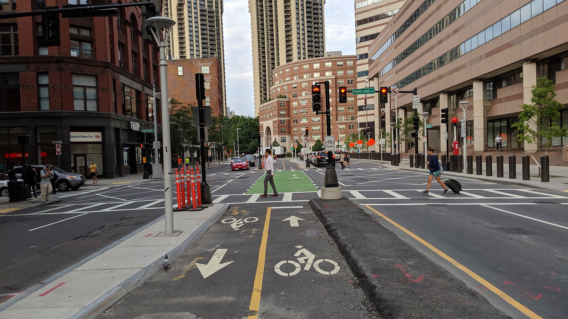 Two-way cycle track in downtown Boston, MA