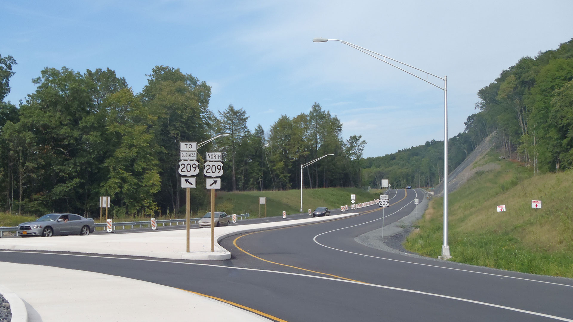 Ground-level view of roundabout exit lane