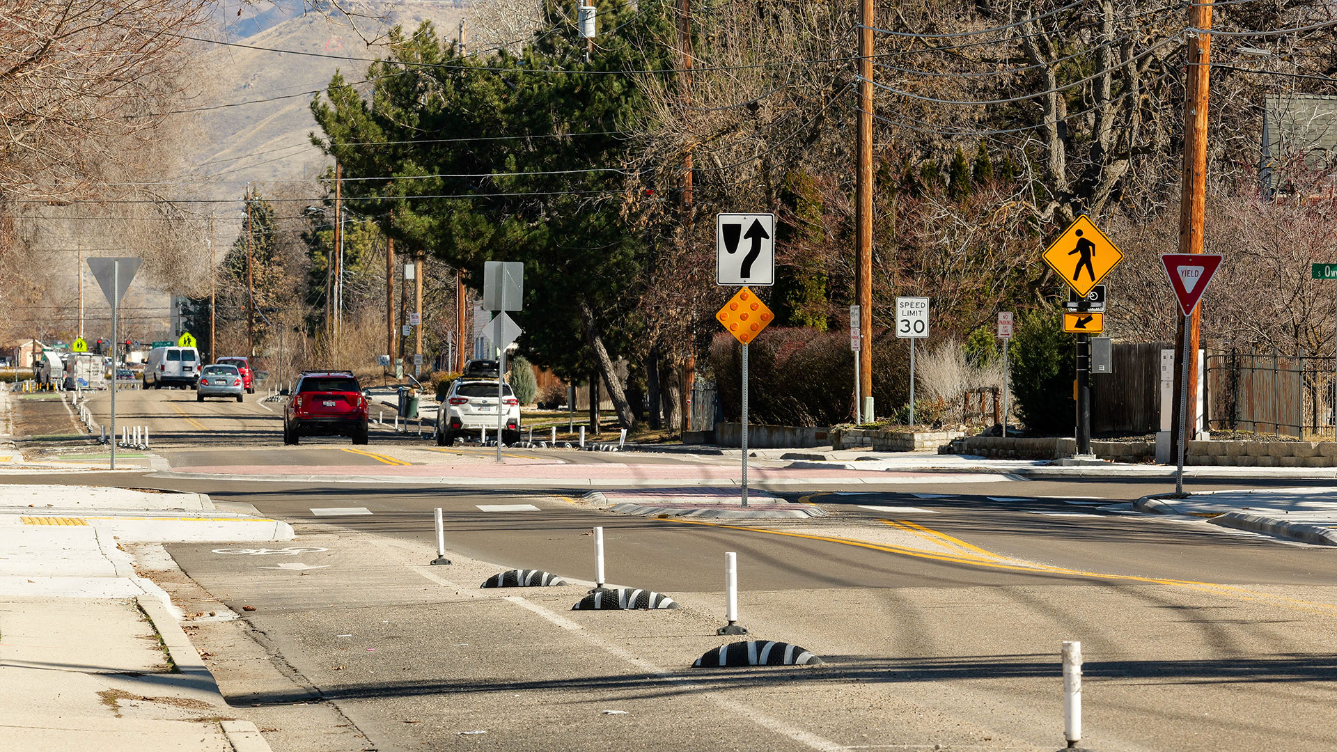 Street level view of roundabout with bike lane