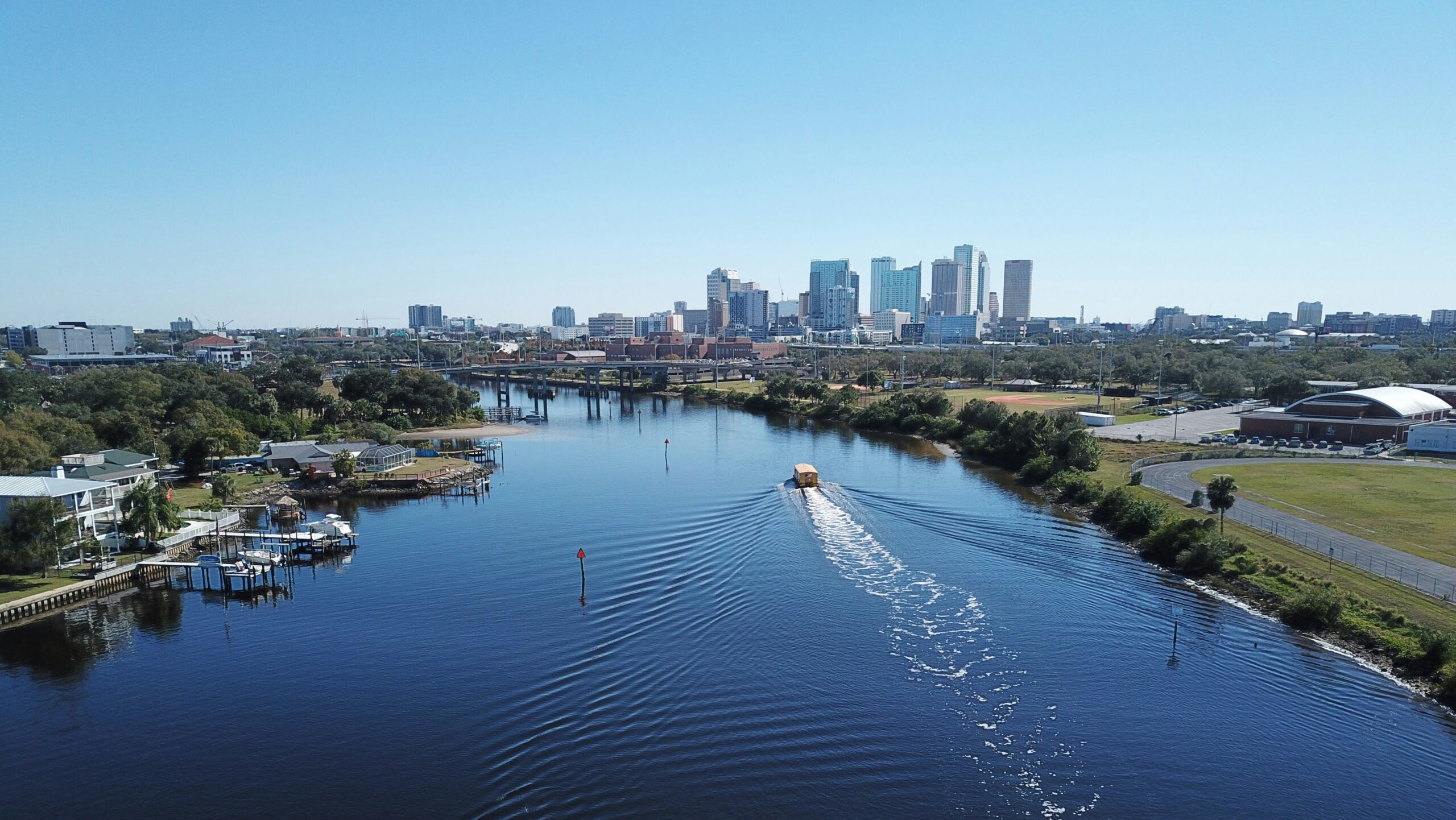 Aerial Drone Photography of downtown Tampa, Florida, and the water taxi on the Hillsborough