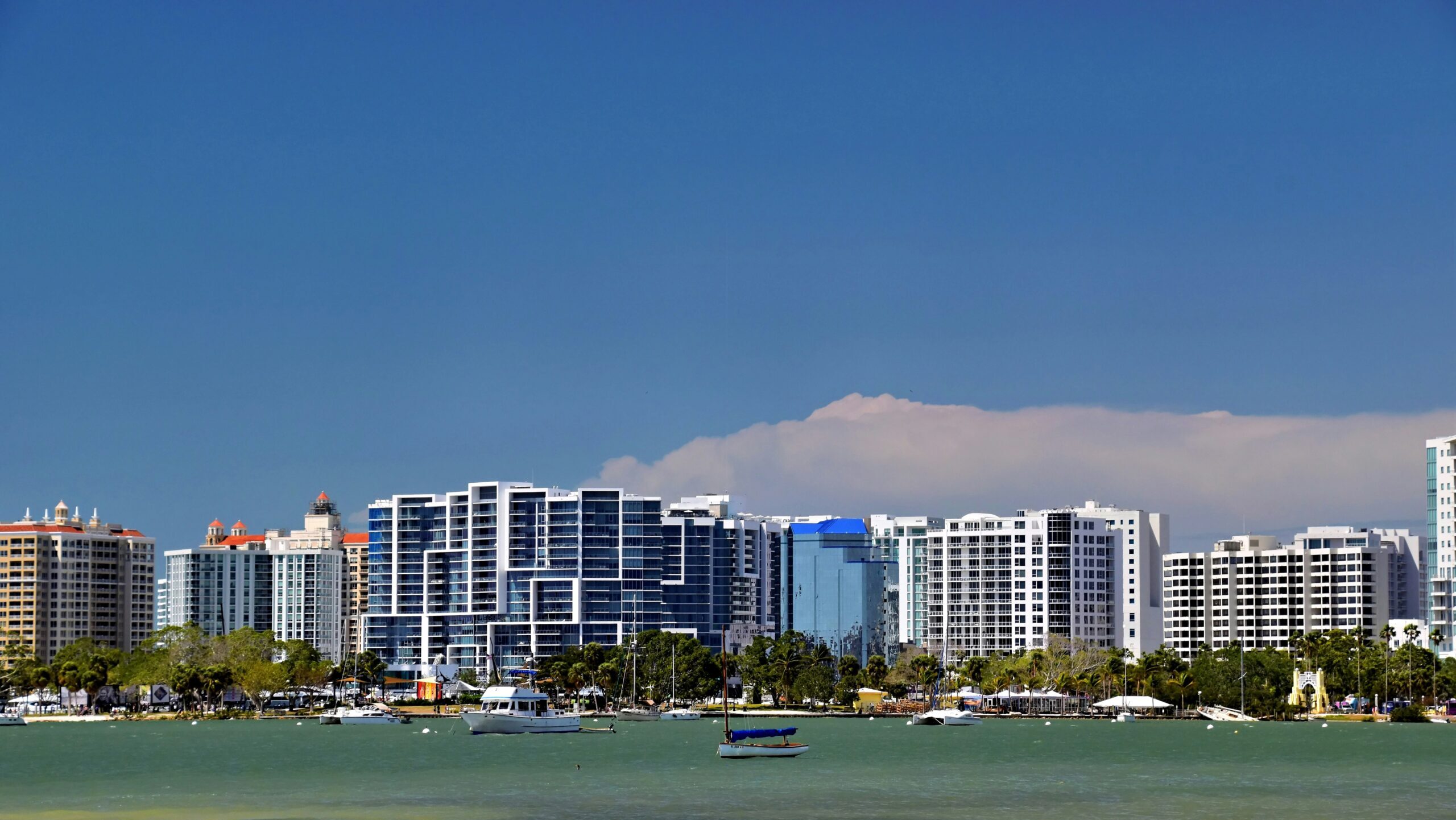 City buildings stand along the coastline with a blue sky