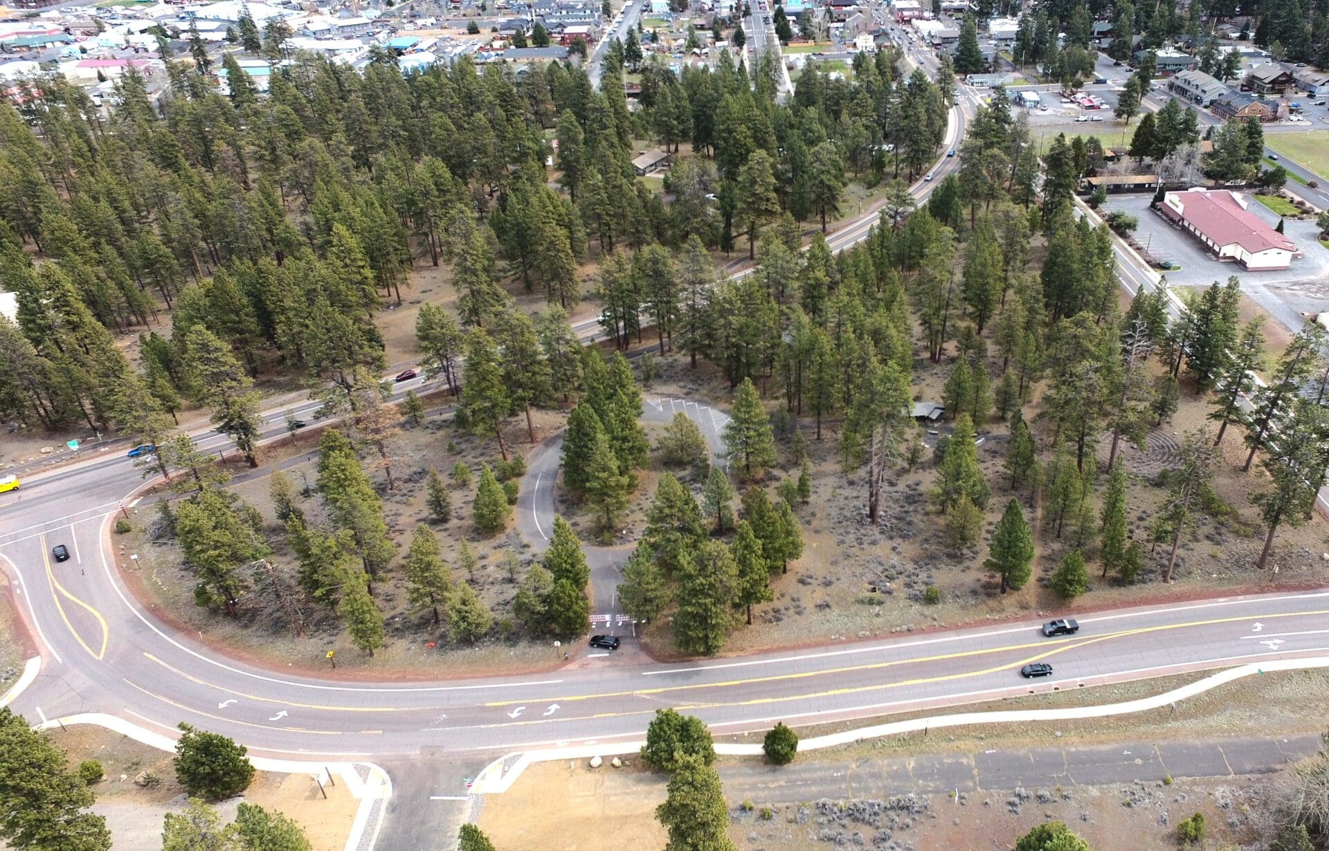 A small rest stop nestled amongst pine trees.