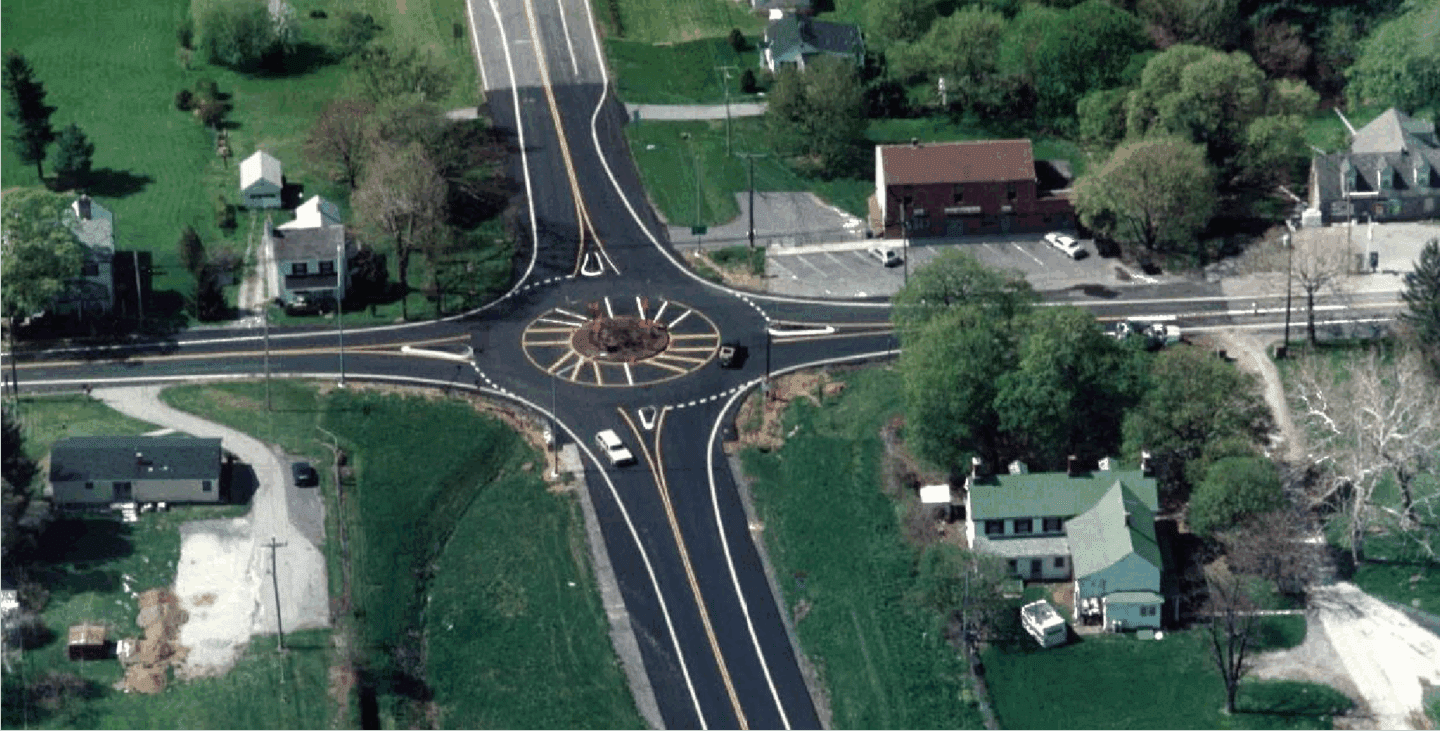 An aerial view of a roundabout