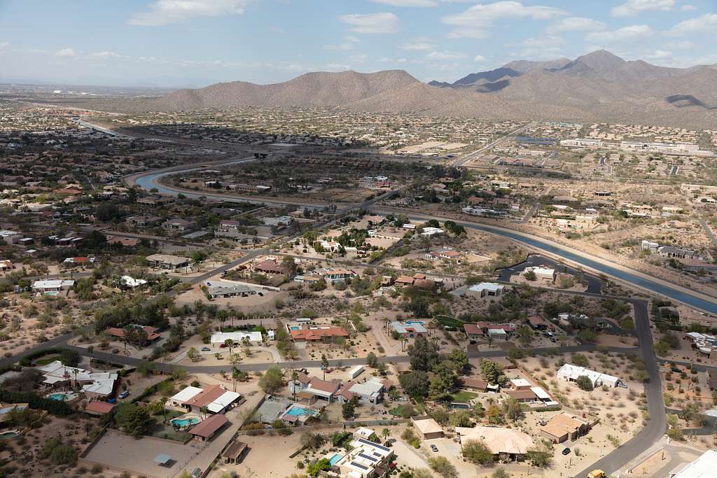 An aerial view of Phoenix, Arizona. The city is spread out from each other.