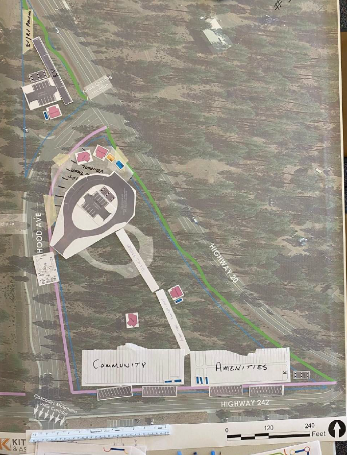 Paper cutouts of various amenities sit on top of a map of the site area.