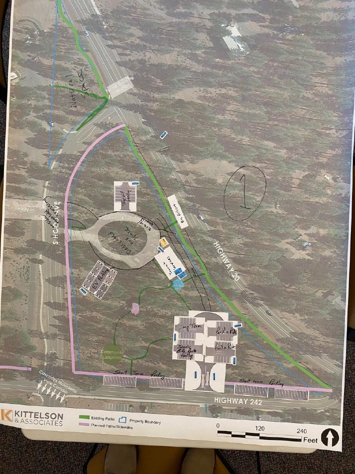 Paper cutouts of various amenities sit in a different arrangement on top of a map of the site area. Hand drawn notes sketch out paths and connecting segments of roadway.