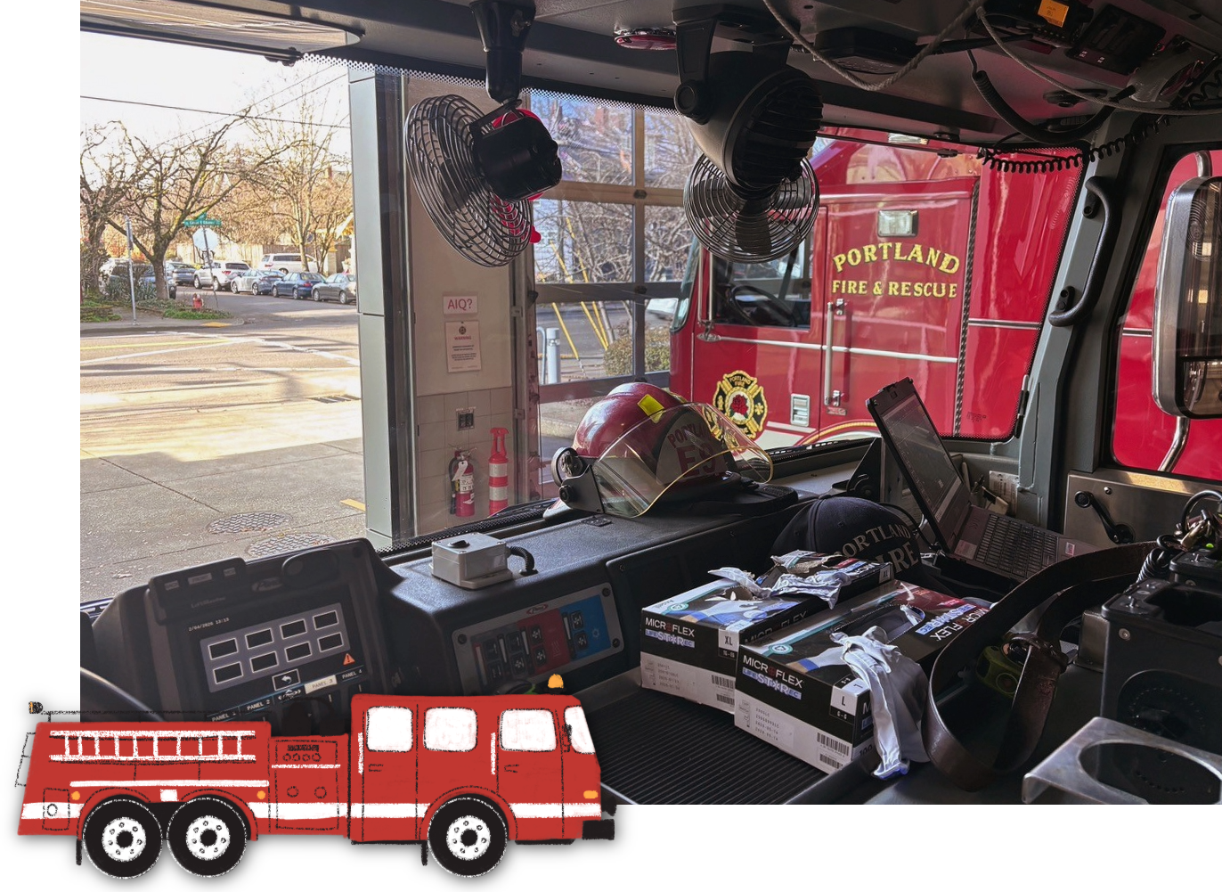 An inside view of the cab of a fire engine. Among the many items inside are a helmet, gloves, and pieces of technology to assist navigation and emergency response.