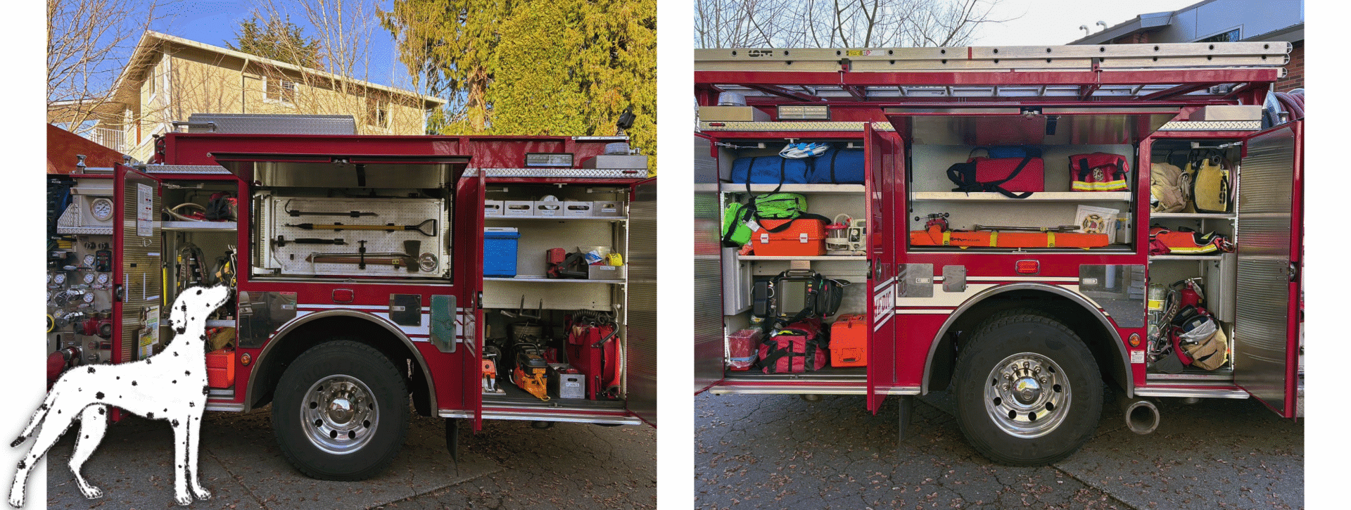 The back compartment doors of a red fire engine have been opened to reveal the many tools and equipment stored inside.