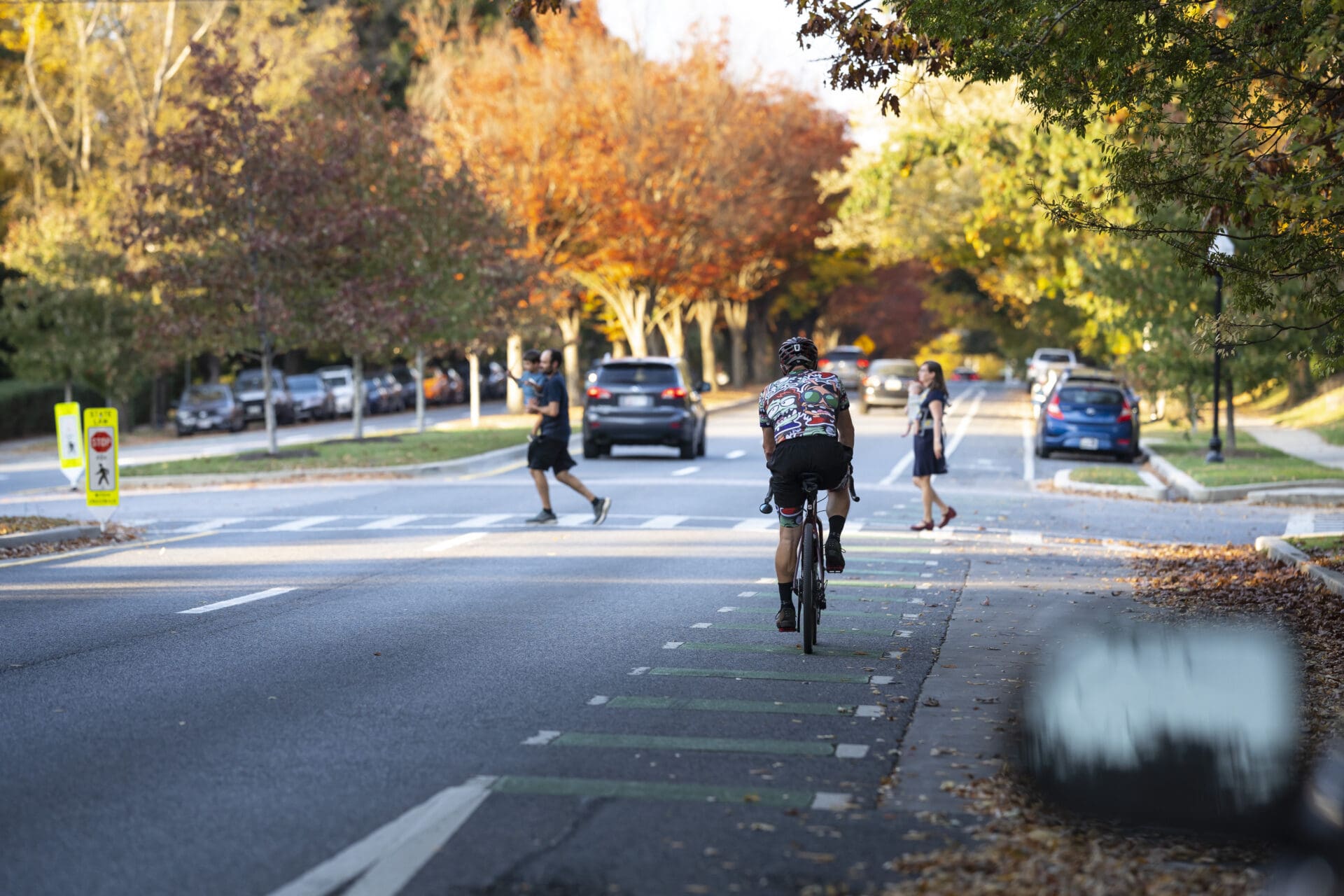 Photograph of a suburban street during autumn showing a cyclist riding in a designated bike lane marked with green paint and white dashed lines. Several pedestrians cross the street at a crosswalk, with colorful fall foliage and parked cars lining both sides of the road.
