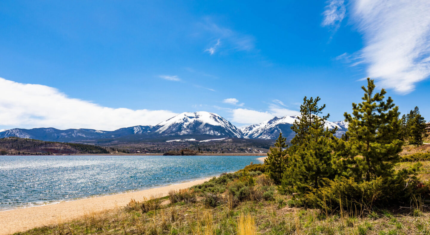 Dillon lake reservoir with mountains in Colorado at summer day.