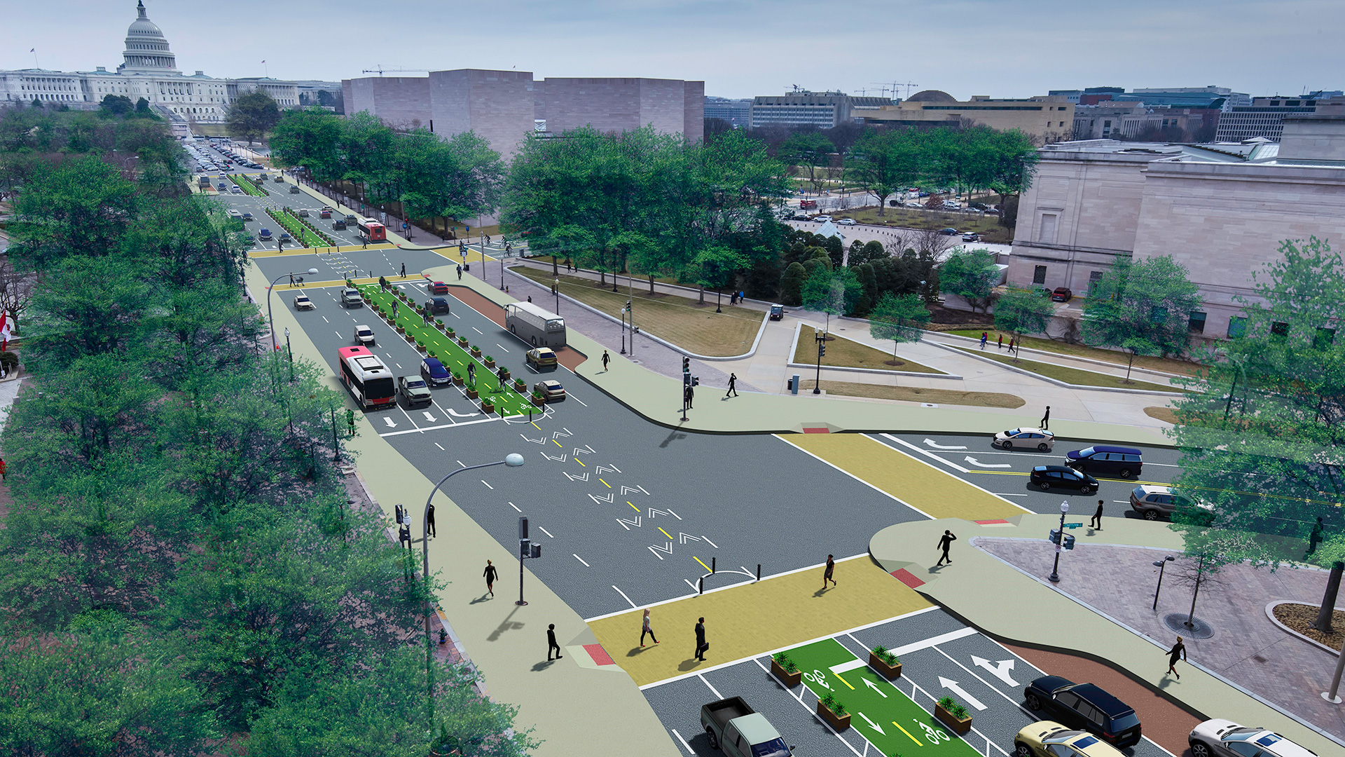 Aerial photograph of a 3D visualization. The visualization is a multi-lane urban street near the U.S. Capitol with dedicated bike lanes marked in green and separated from vehicle lanes by barriers. Pedestrian crosswalks with yellow markings and various vehicles, including buses and cars, are visible.