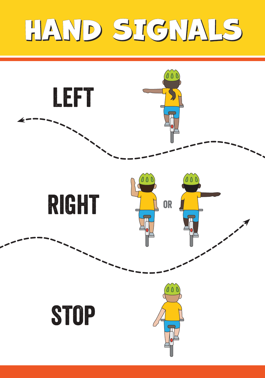 A poster shows illustrations of three kinds of bike hand signals: left turn, right turn, and stop.