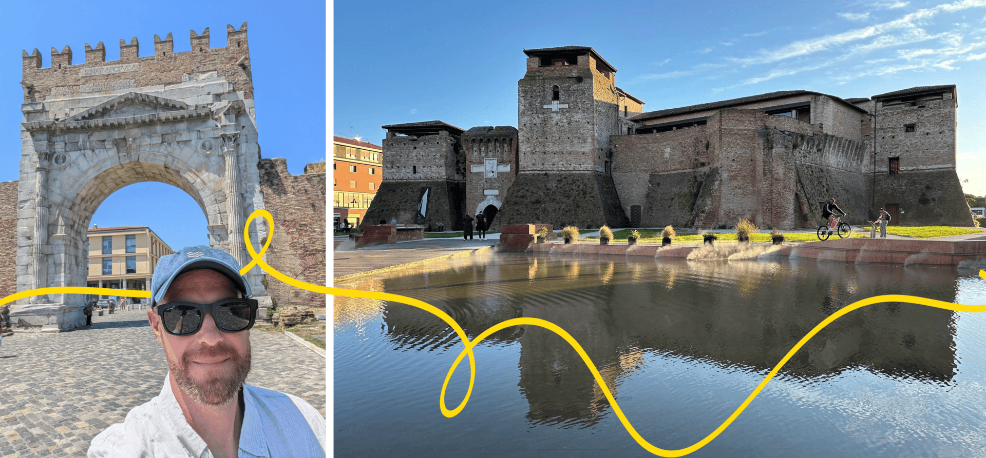 Left image: Photograph of a man wearing sunglasses and a blue cap taking a selfie in front of a large ancient stone arch with a crenellated top and Latin inscriptions. The arch stands on a cobblestone path with a modern building visible through the archway and clear blue sky overhead. Right image: Photograph of a historic stone fortress with multiple towers reflected in a calm body of water in front. The scene includes a cyclist and a pedestrian near the fortress, with clear blue sky and sunlight.