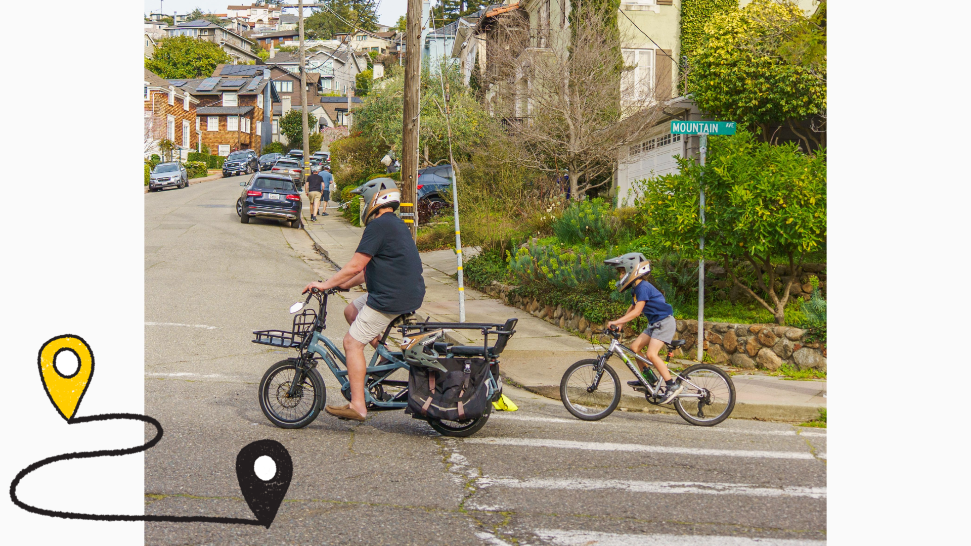 An adult and a child ride their bikes on a road.