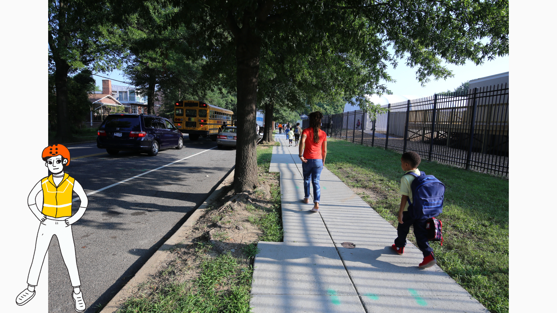 Photograph showing children walking on a sidewalk beside a street with cars and a yellow school bus. It is school drop-off time.
