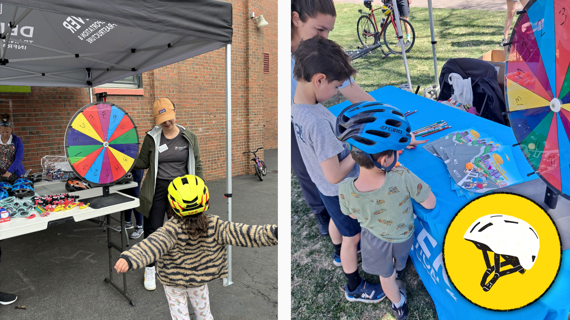 Left: A photo of a young child standing in front of a covered stall with tables full of giveaway merchandise. On the end of one of the tables, an adult woman stands next to a colorful wheel. The adult invites the child to spin the wheel and win a prize. Right: A photo of two young children standing next to an adult woman in front of a table full of giveaway merchandise.