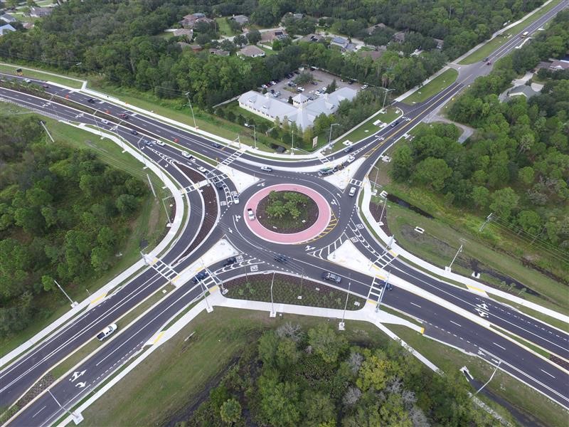 Aerial photograph showing a newly constructed multilane roundabout