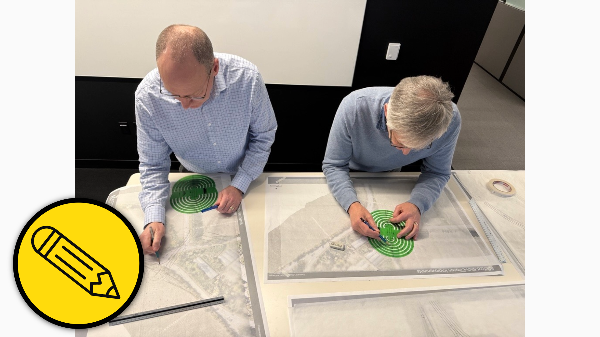 Photograph shows two men studying transportation plans on a table, marking locations with pens and green concentric-circle overlays.