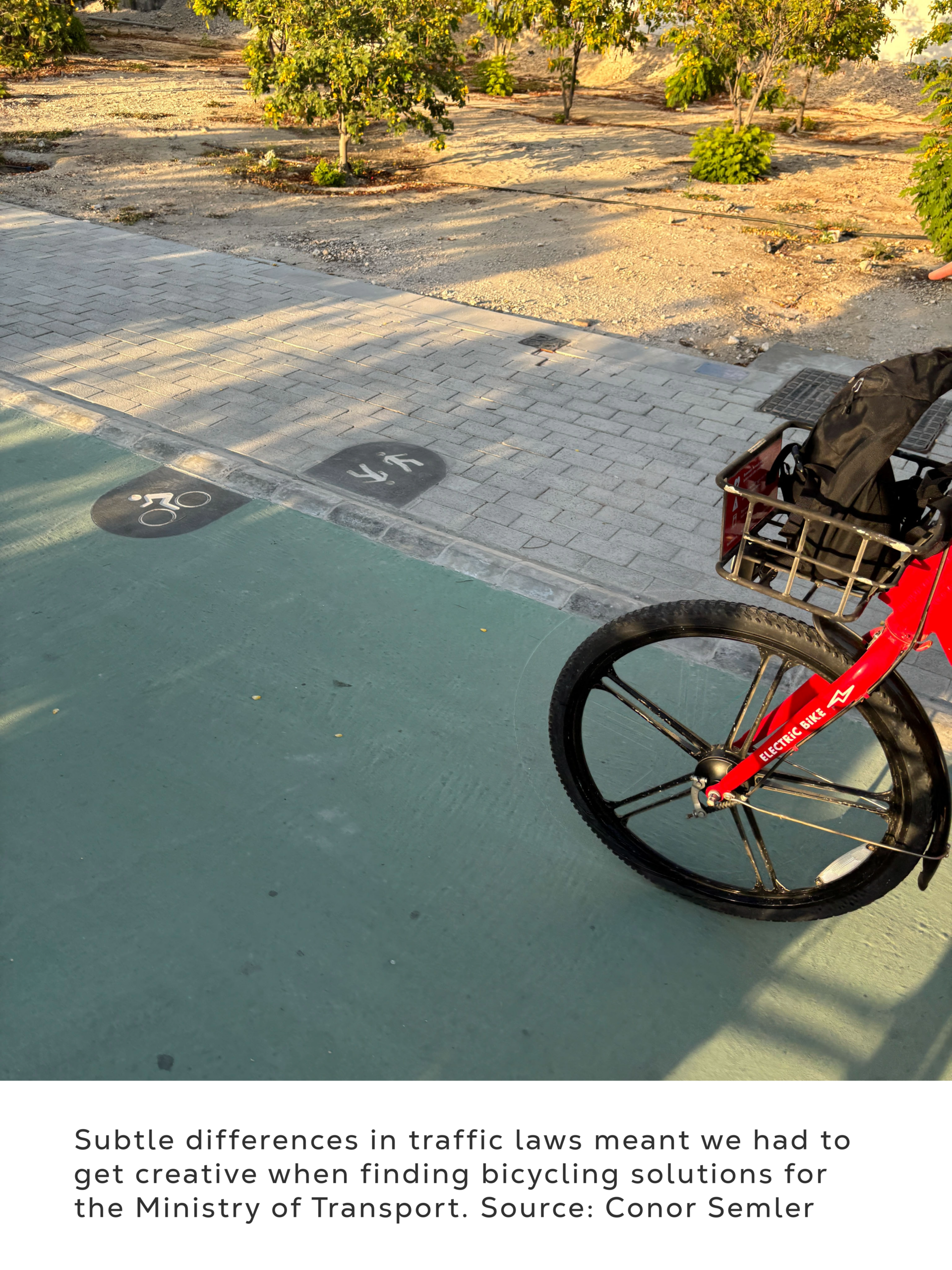 Photograph documenting the front of a red bicycle parked beside a green paved recreation area and gray brick walkway.